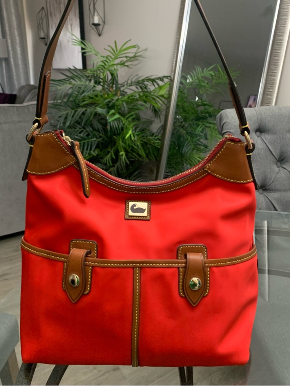 Dooney & Bourke Red Nylon Shoulder Bag with Brown Leather Trim